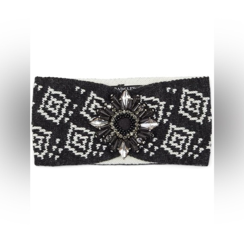 NWT Badgley Mischka Black and Ivory Knit Headband with Black Gems